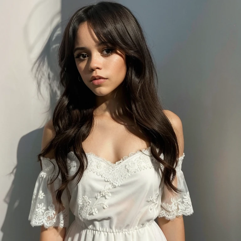 jenna_ortega wearing white lacy off shoulder dress, long hair, eyeliner, 
upper body, solid wall background, 
 