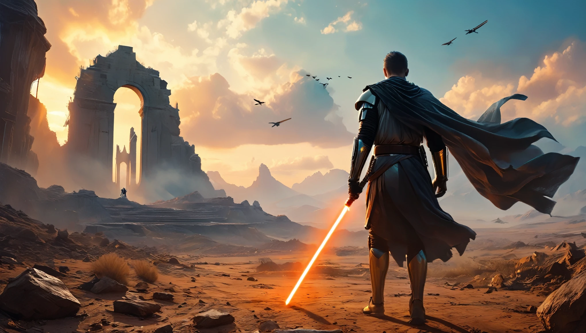 View a vast desert landscape bathed in golden twilight, evoking the iconic Star Wars look. No centro da cena, a Jedi in a flowing cape stands silhouetted against the orange sky, your glowing blue lightsaber in your hand, pronto para enfrentar qualquer desafio. The ruins of an ancient civilization rise majestically in the background, and the remains of a fallen AT-AT adorn the landscape. The atmosphere is charged with expectation, as if an epic battle was about to begin.hyper realistic composition,32k resolution,cinematic composition,cinematic color grading.photography whit Phaseone 85mm,death of field lens.