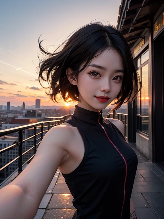 1 Asian female punk girl, Selfie, Wind,Dynamic pose, Messy Hair, sunset, Cityscape, (Aesthetics and atmosphere:1.2),smile, whole body