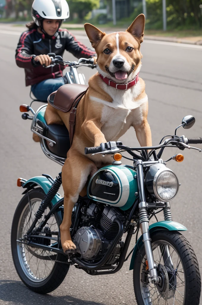 Cachorro caramelo utilizando capacete pilotando motocicleta