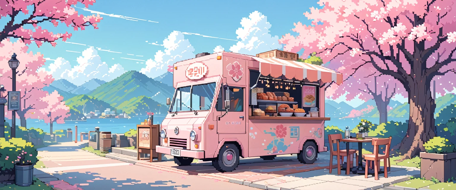  cherry blossom trees in front of a food truck, in the cartoon style, with an anime aesthetic, in the lofi pixel art style, on a white background, with a blue sky, pink flowers, a korean street view, in the style of Studio Ghibli, using pastel colors, as a digital painting, like a poster, similar to a kpop album cover artwork, with high resolution, being ultra detailed, with high contrast, featuring vibrant color, resembling professional photography, in the kpop style, depicting korea culture
