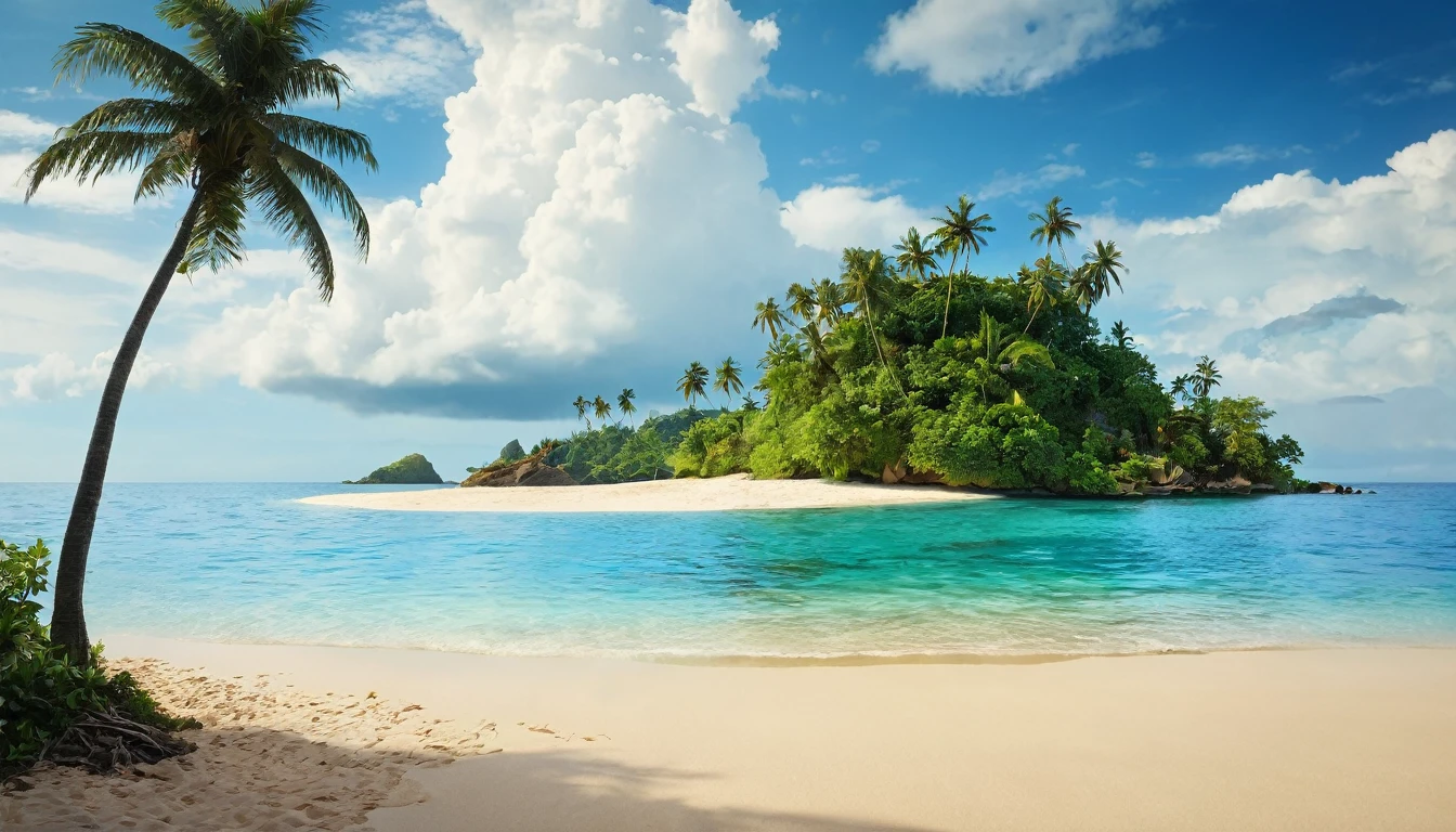arafed island with palm trees and a sandy beach, tropical island, epic matte painting of an island, island in a blue sea, monsoon on tropical island, tropical location, island with cave, many islands, no humans, tree, cloud, sky, outdoors, scenery, day, palm tree, ocean, water, beach, blue sky, horizon, cloudy sky, nature, sand