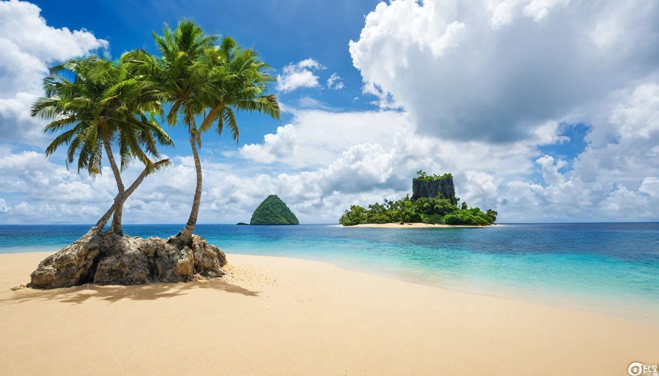 arafed island with palm trees and a sandy beach, tropical island, epic matte painting of an island, island in a blue sea, monsoon on tropical island, tropical location, island with cave, many islands, no humans, tree, cloud, sky, outdoors, scenery, day, palm tree, ocean, water, beach, blue sky, horizon, cloudy sky, nature, sand