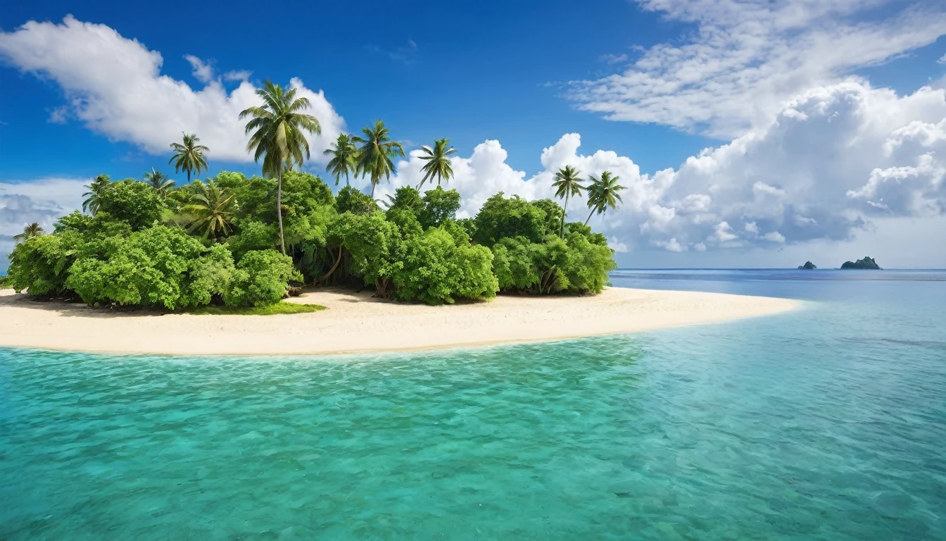 arafed island with palm trees and a sandy beach, tropical island, epic matte painting of an island, island in a blue sea, monsoon on tropical island, tropical location, island with cave, many islands, no humans, tree, cloud, sky, outdoors, scenery, day, palm tree, ocean, water, beach, blue sky, horizon, cloudy sky, nature, sand