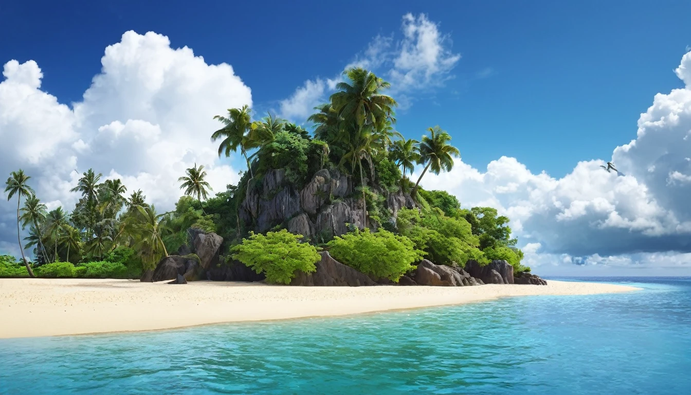 arafed island with palm trees and a sandy beach, tropical island, epic matte painting of an island, island in a blue sea, monsoon on tropical island, tropical location, island with cave, many islands, no humans, tree, cloud, sky, outdoors, scenery, day, palm tree, ocean, water, beach, blue sky, horizon, cloudy sky, nature, sand