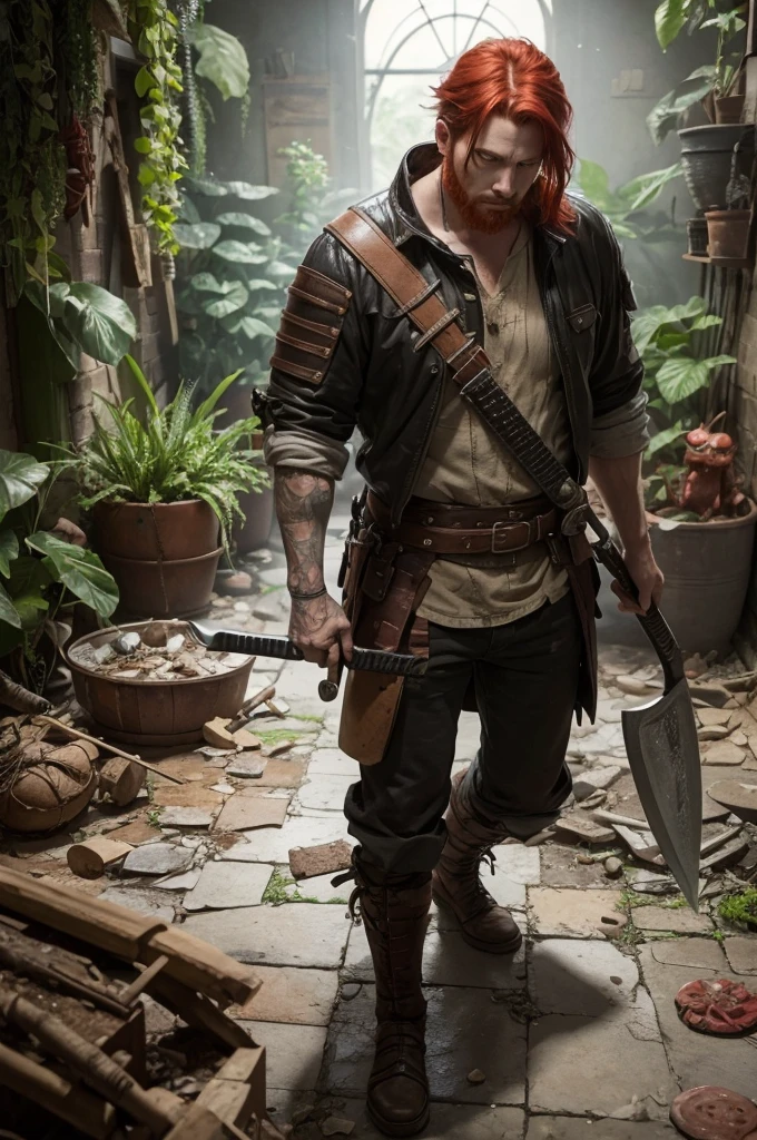 American man with a red hair with a sword an ax and a lot of ugly creatures wrecked everywhere plants and tiles on the floor
