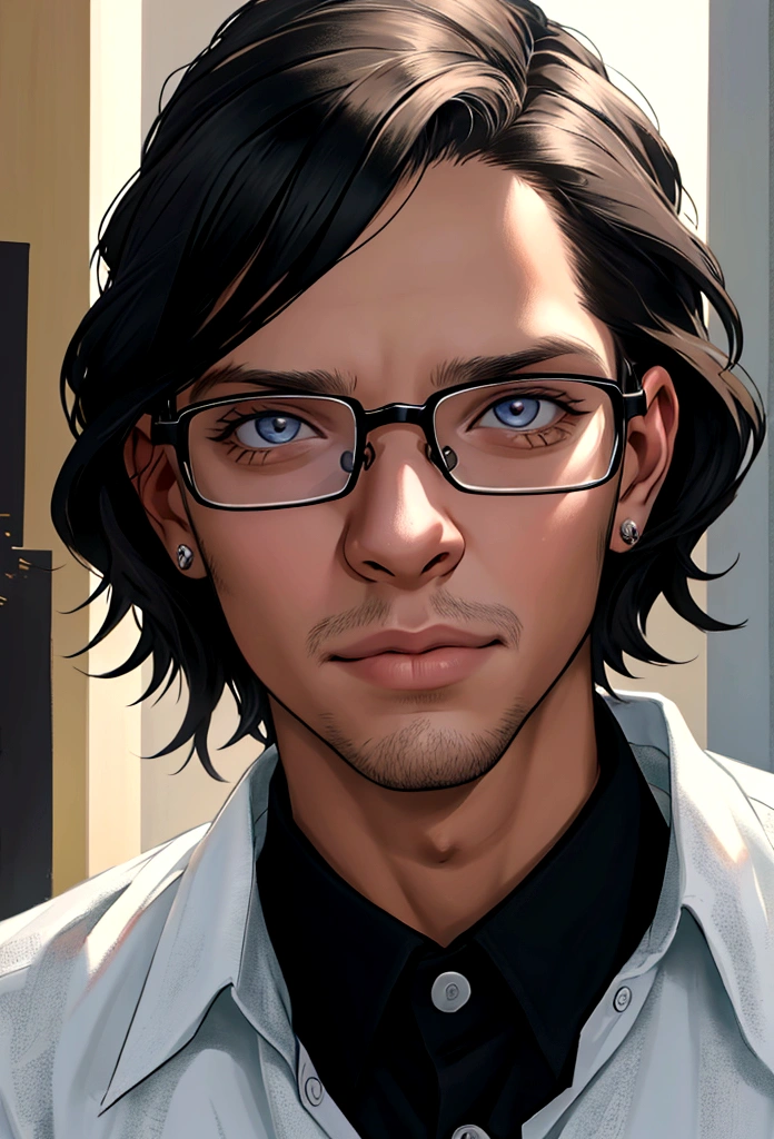 ((melhor qualidade)), ((parte mestre)), ((desenhos animados realistas)), ((Personagem perfeito)) - Um retrato frontal meticulosamente detalhado e realista de um homem com cabelo raspado, glasses and a shirt with beautiful textures. O homem olha diretamente para o espectador, Establish a strong and confident presence. The image captures their distinctive facial features, accurately showing the brightness of your eyes and the design of your glasses. The black shirt is rendered with fine details, aumentando o profissionalismo do retrato. Enviado para documentos oficiais, this portrait is presented in impressive 8K UHD resolution, Ensure clarity and exclusive protection.
