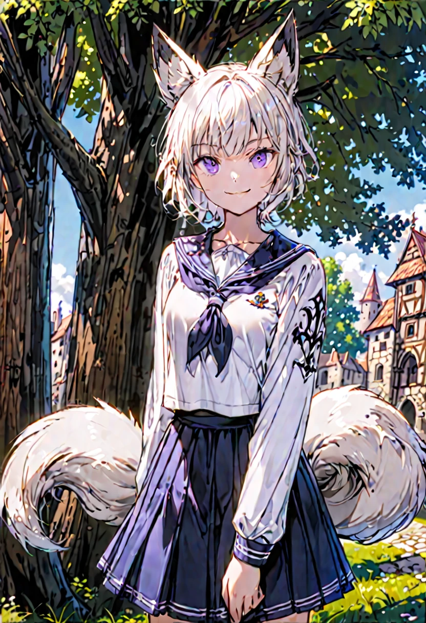 solo, female, serafuku, black undershirt, short hair, white hair, purple eyes, short blue skirt, tomboy, day, pose, beaming smile, fox ears, single fox tail, medieval, tree,
