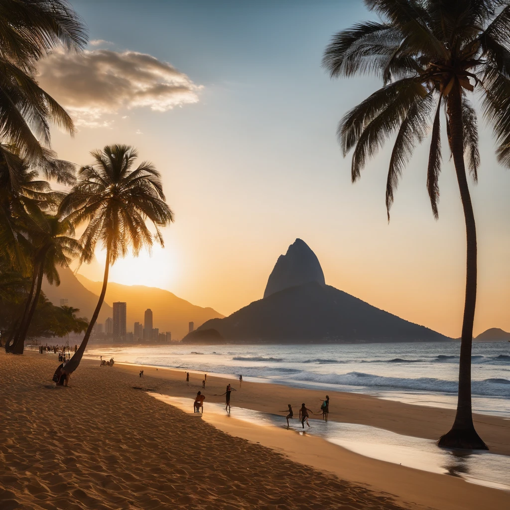 Ilustre uma cena ensolarada de praia no Rio de Janeiro, with people playing volleyball, praticando capoeira e relaxando na areia. Includes Sugarloaf Mountain and the city&#39;s characteristic skyline, realista, 4k, foto de profissional, qualidade superior, perfection, muito perfeito, 4k. 