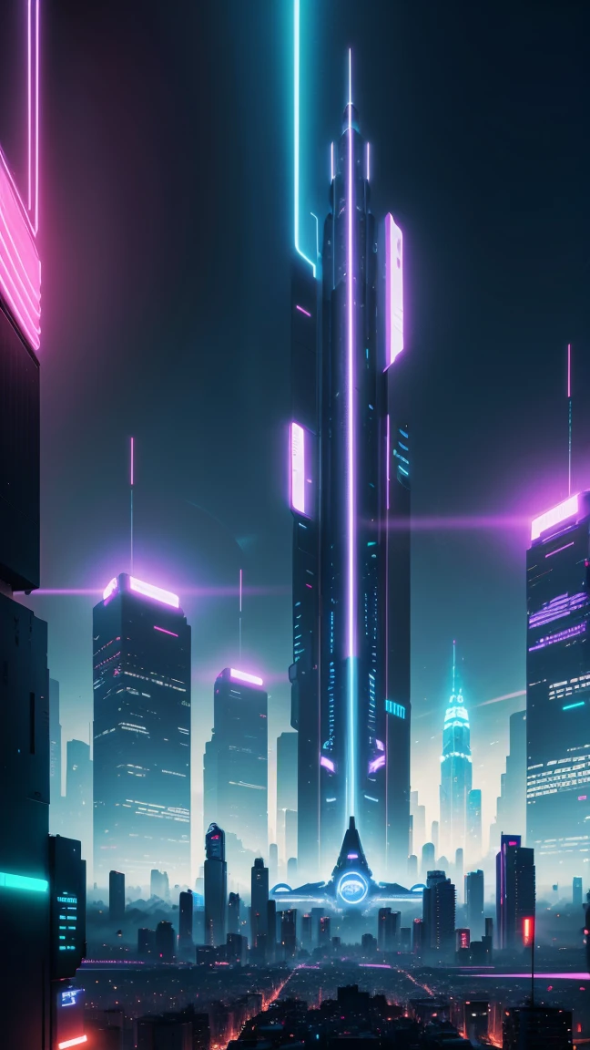 Uma grande cidade futurista em estilo cyberpunk, luz neon, Ultra wide view, very sky, Few tall buildings in the middle of the composition, No buildings in the middle of the scene, apenas nas laterais