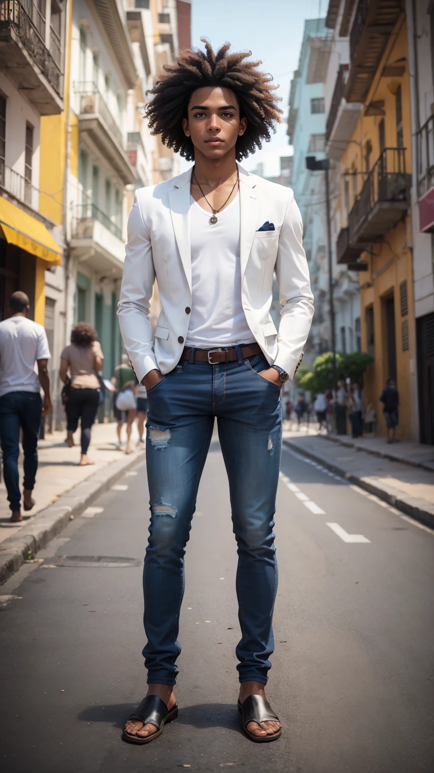 (((full body))), 25 year old Afro-Brazilian young man, (((man))), lawyer, ((curly hair)), black skin, ((short hair)), with extremely perfect hair, hands perfect, looking at the camera, pose with hands in pocket, white shirt and gray blazer, jeans (((in the background of the city of Rio de Janeiro)))