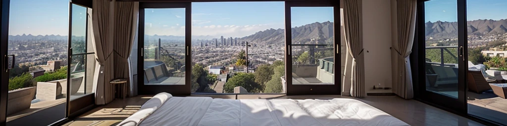 No person, only the room, mansion, in the hills, overlooking the city, los angles, mansion, modern mansion, window, empty bedsexy bedroom, inviting, bed
