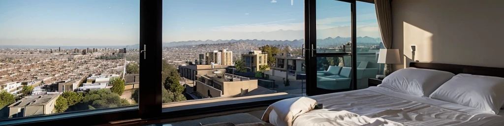 No person, only the room, mansion, in the hills, overlooking the city, los angles, mansion, modern mansion, window, empty bedsexy bedroom, inviting, bed