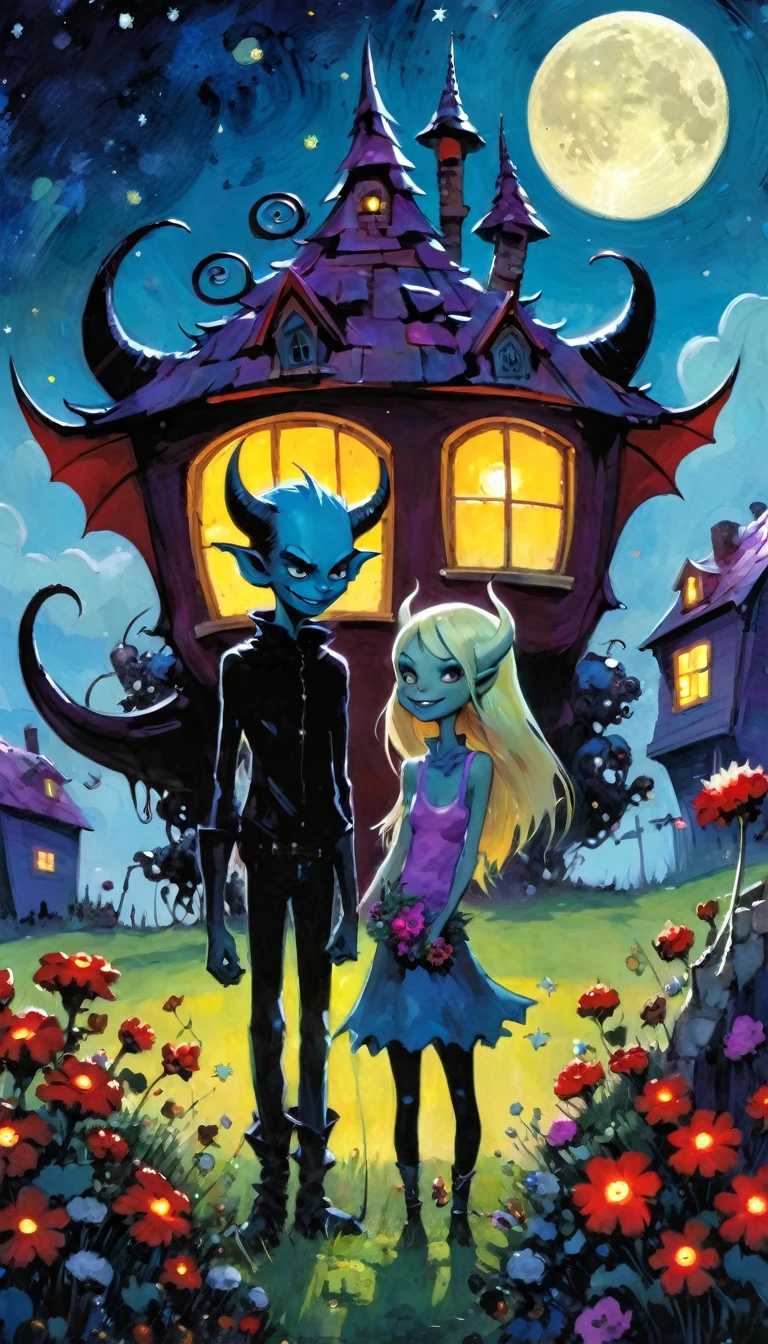 girl and boy, a demon brings flowers as a gift in love to a pretty and sexy demon girl, village of little and funny demons, impressive landscape, little and funny demons, magical, fantastic, night sky, moon, stars, cute, adorable, background, ( demon houses (art inspired by Skottie Young and Bill Sienkiewicz). oil painting)