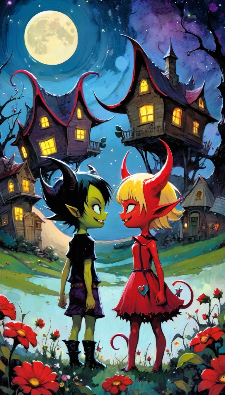 girl and boy, a demon brings flowers as a gift in love to a pretty and sexy demon girl, village of little and funny demons, impressive landscape, little and funny demons, magical, fantastic, night sky, moon, stars, cute, adorable, background, ( demon houses (art inspired by Skottie Young and Bill Sienkiewicz). oil painting)