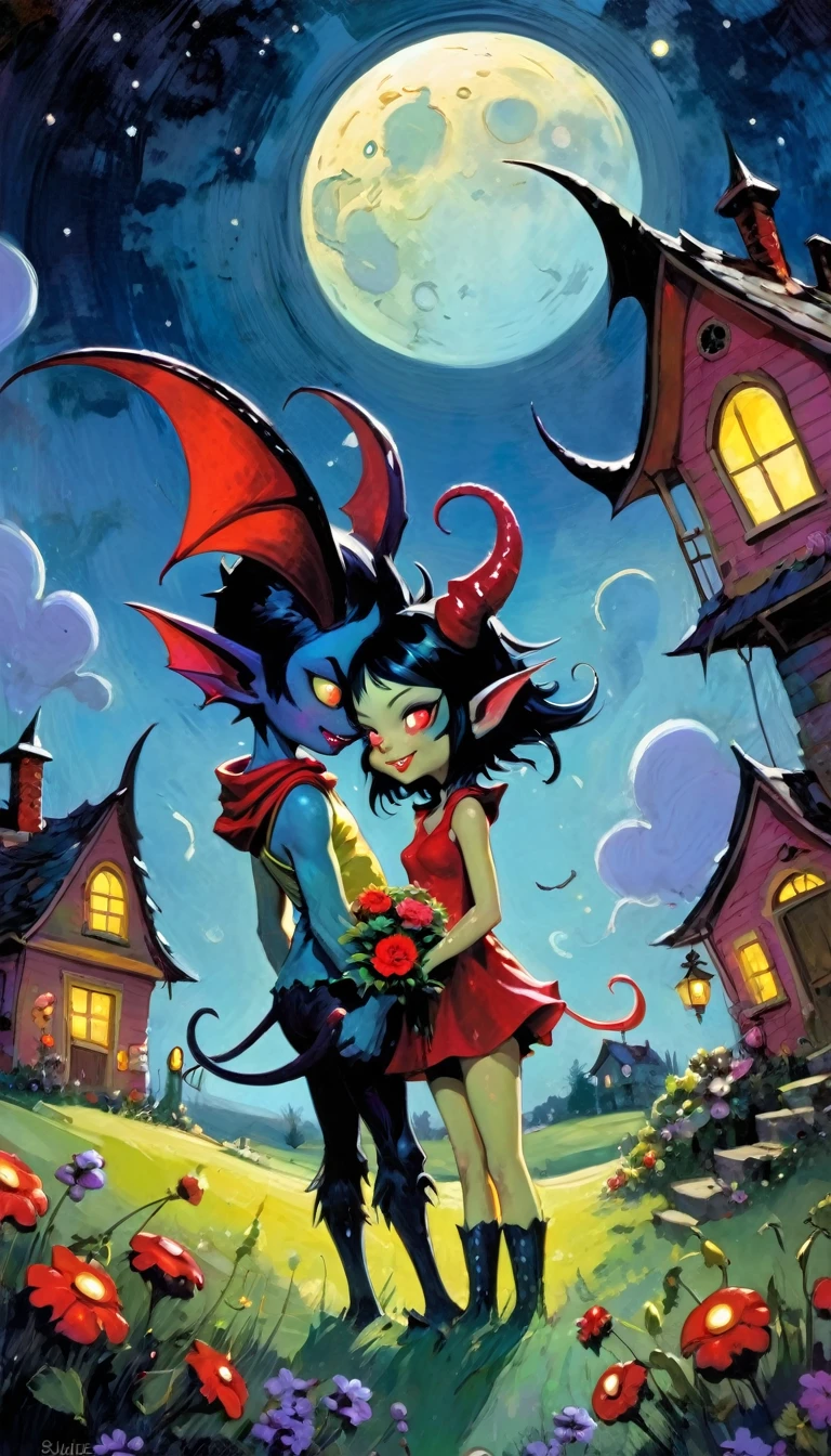 girl and boy, a demon brings flowers as a gift in love to a pretty and sexy demon girl, village of little and funny demons, impressive landscape, little and funny demons, magical, fantastic, night sky, moon, stars, cute, adorable, background, ( demon houses (art inspired by Skottie Young and Bill Sienkiewicz). oil painting)
