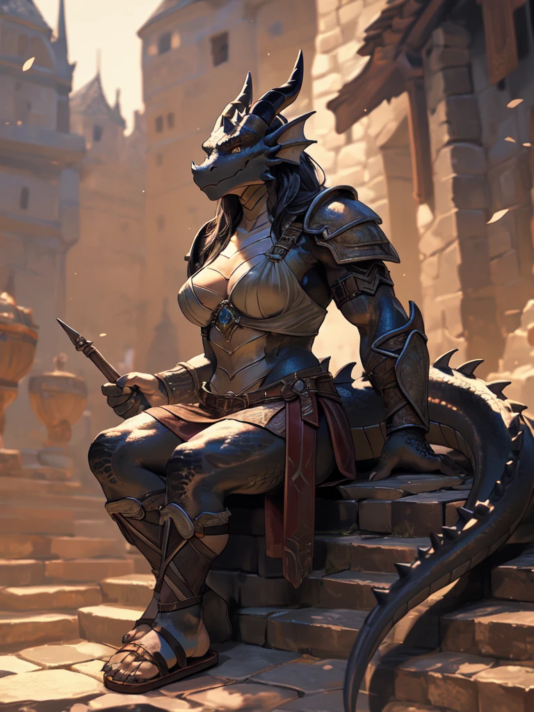 solo, kemono, (dragon), anthro, female, ((black body)), scales, tail, muscles, medium breasts, handsome, armor, medieval, fantasy, outdoors, outside, sitting, toe claws, sandals, gladiator sandals,epic, depth of field, perfect lighting,(best quality),(masterpiece),(ultra detailed)