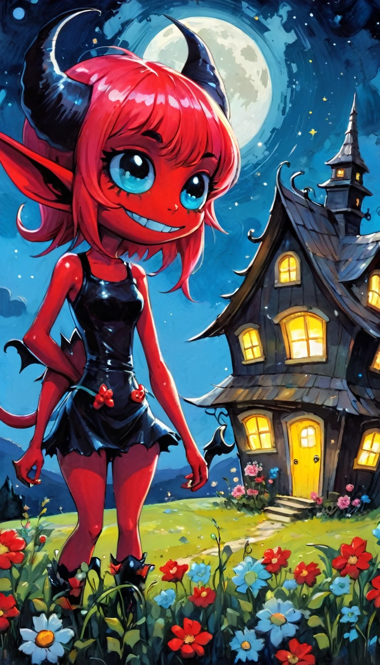 girl and boy, a demon brings flowers as a gift in love to a pretty and sexy demon girl, village of little and funny demons, impressive landscape, little and funny demons, magical, fantastic, night sky, moon, stars, cute, adorable, background, ( demon houses (art inspired by Skottie Young and Bill Sienkiewicz). oil painting)
