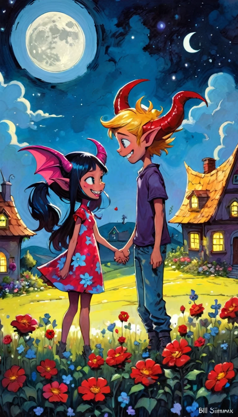 girl and boy, a demon brings flowers as a gift in love to a pretty and sexy demon girl, village of little and funny demons, impressive landscape, little and funny demons, magical, fantastic, night sky, moon, stars, cute, adorable, background, ( demon houses (art inspired by Skottie Young and Bill Sienkiewicz). oil painting)
