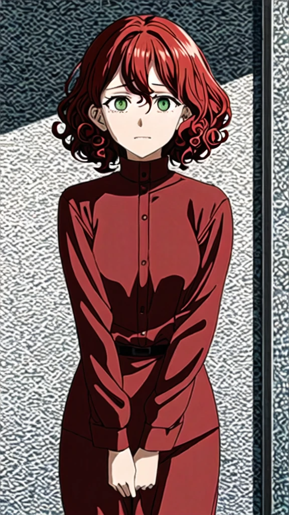 woman with short, curly red hair and beautiful green eyes crying