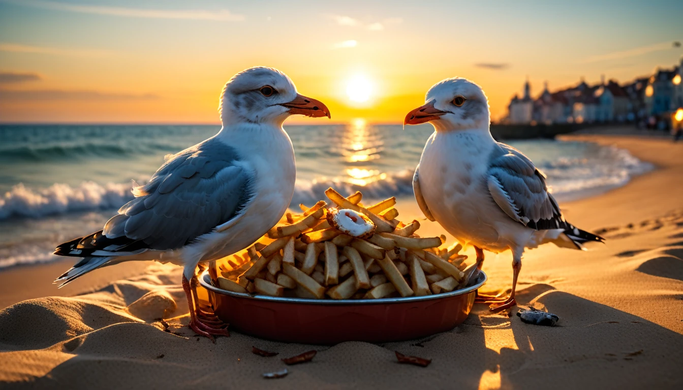 Deux mouettes mangeant la même frites,anatomie parfaite,plage,coucher de soleil,Cinematic lighting, une mouette a des lunettes de soleil, (masterpiece,8k,Professionnel,composition parfaite,very aesthetic,absurdes,ultra-detailed,intricate details:1.4),proportion parfaite