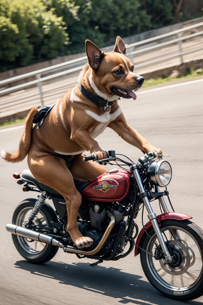 Cachorro caramelo pilotando moto com capacete