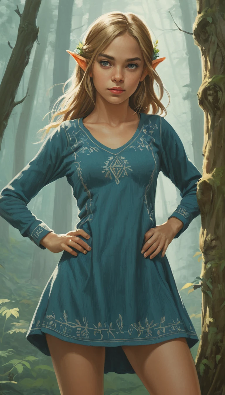 An illustrated poster for the film, hand drawn, cor cheia, an elven ager, wearing a corduroy mini dress, tez bronzeada, muito alto, athletic body, figura de ampulheta, curved, um pouco gordinho, fundo pesado, quadris generosos, bunda enorme, pernas longas, coxas poderosas ridiculamente grossas, Olhos azuis brilhantes, orelhas de elfo longas e pontudas, cabelo loiro cinza, Bob desgrenhado, posando em uma floresta nevada, sombras duras, sombreamento de grafite, stencil marks, retouched acrylic ink, Obra de arte, no estilo de Breath of the Wild