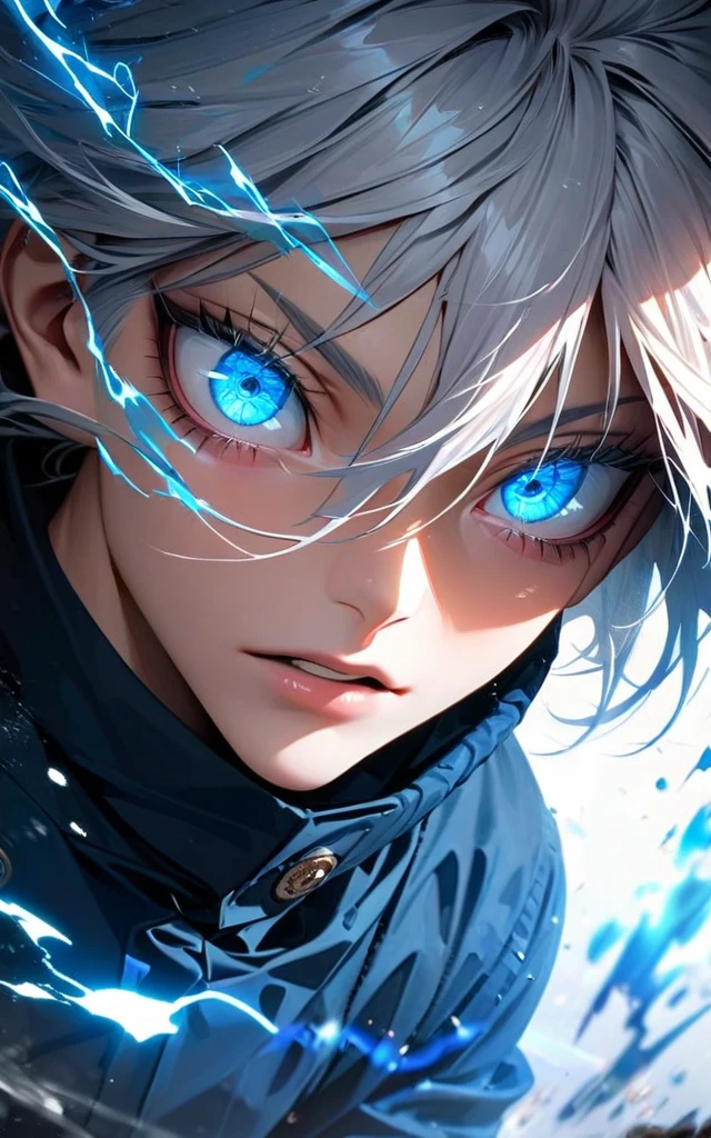  High quality, ultra realistic,absurdres, highres, ultra detailed, HDR, masterpiece, extremely detailed face and eyes,  Gojo satoru , jujutsu kaisen,, white hair ,black shirt , solo, ,man, handsome, ,white eyeleshes, blue eyes , Epic fight scene, blue splashing effect,blue lightning  effect,glowing glitters , close up,cool eyes, symetrical 