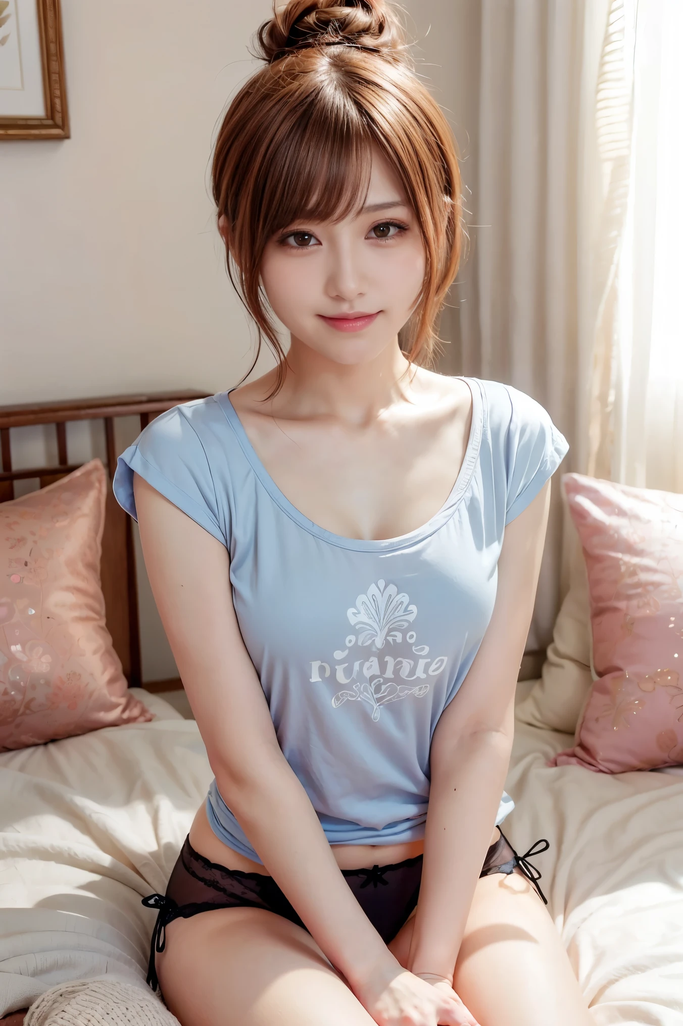 short hair, (Brown eyes:1.5), (Orange Hair:1.2), Hair Bun, single Hair Bun, Tomboy、smile、Very sexy、A sparkling smile:1.1、Cute as an idol、Tight, small punk t-shirt、Fancy decoration、Colorful soft cushions between your legs、panties、Lie down:1.1、ラフな部屋着panties、
break (masterpiece:1.2), Highest quality, High resolution, unity 8k wallpaper, (figure:0.8), (Beautiful attention to detail:1.6), Highly detailed face, Perfect lighting, Highly detailed CG, (Perfect hands, Perfect Anatomy),Fancy room interior in pastel tones:1.3、Light blue and pink room、White dazzling lighting