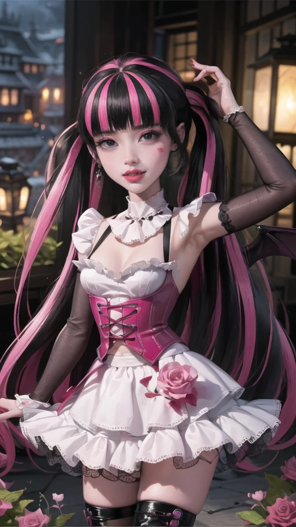 1girl, vampire girl, vampire fangs, succubus, centered, award winning upper body portrait, cowboy shot, (looking at viewer:1.2), Draculaura_MH, solo, black half hair, pink half hair, multicolored hair, long hair, white skirt, pink knee boots, smiling, garden scenery, japanese lanterns, dark red roses, depth of field, cinematic composition, ((high quality)), ((Work of art)), (more detail), half black hair, half soft pink hair, wave hair, pink heart in the eyes, smile, vampire fangs, maid dress, black maid headdress, black maid apron, bat wings, pink skirt, black dress with transparency, pink laces, black gloves, black high socks, high hills boots, bat jewelry, jewelry, seat on the grass, dark red roses on focus, Draculaura_(monster high), Monster High, looking at the viewer, more details on the clothes,