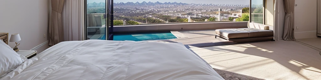 No person, only the room, mansion, calabassas, in the hills, overlooking the city, los angles, mansion, modern mansion, window, empty bedsexy bedroom, inviting, bed