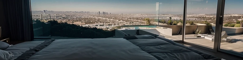 No person, only the room, mansion, calabassas,  in the hills, overlooking the city, los angles, mansion, modern mansion, window, empty bedsexy bedroom, inviting, bed