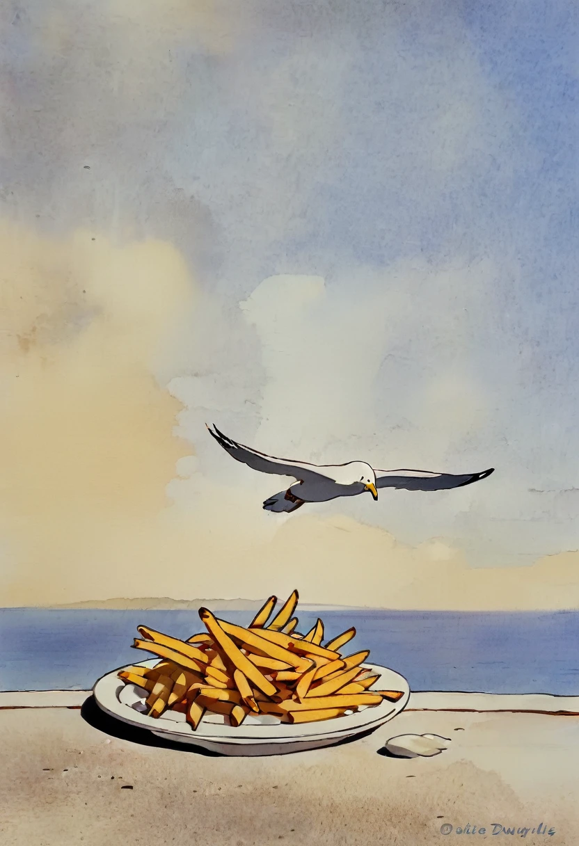 Seagull and Fries, in the style of michael-dudok-de-wit