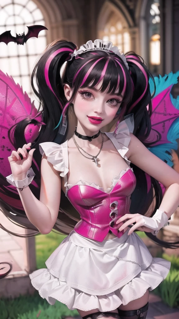 1 girl, a girl with bat wings on her back, perfectly hands, perfectly body, black choker, bat necklace, necklace, centered, bat jewelry, award winning upper body portrait, cowboy shot, (looking at viewer:1.2), Draculaura_MH, solo, black half hair, pink half hair, multicolored hair, long hair, ornament hair, choker, maid dress, maid clothes, maid headdress , maid apron, white apron, pink shirt, white dress, pink knee boots, smiling, kitchen scenery, cake on focus, kitchen, stand up close to window, depth of field, cinematic composition, ((high quality)), ((Work of art)), (more detail), half black hair, half soft pink hair, wave hair, smile, vampire fangs, bat wings, white dress, black dress with transparency, pink laces, black gloves, black high socks, high hills boots, bat jewelry, jewelry, seat on the grass, dark red roses on focus, Draculaura_(monster high), Monster High, looking at the viewer, more details on the clothes, 