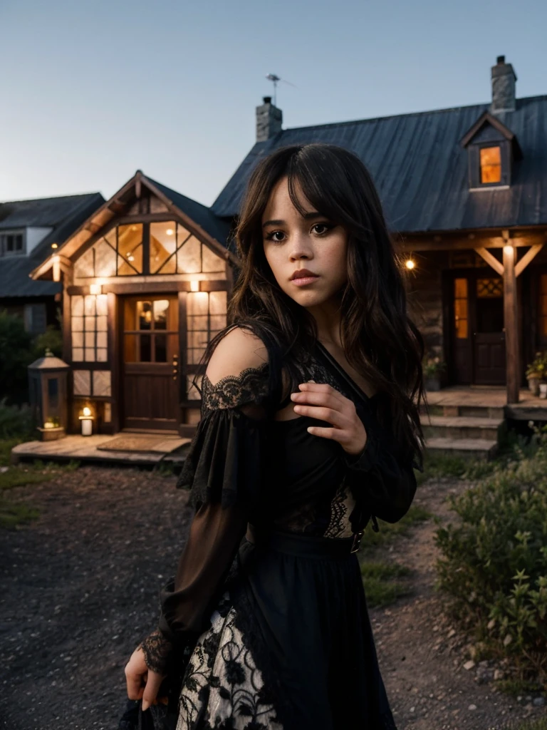 jenna_ortega wearing a black lace dress with bare shoulders, long hair, eyeliner,
upper body, background: a stone and wooden house on the outskirts of a small town.