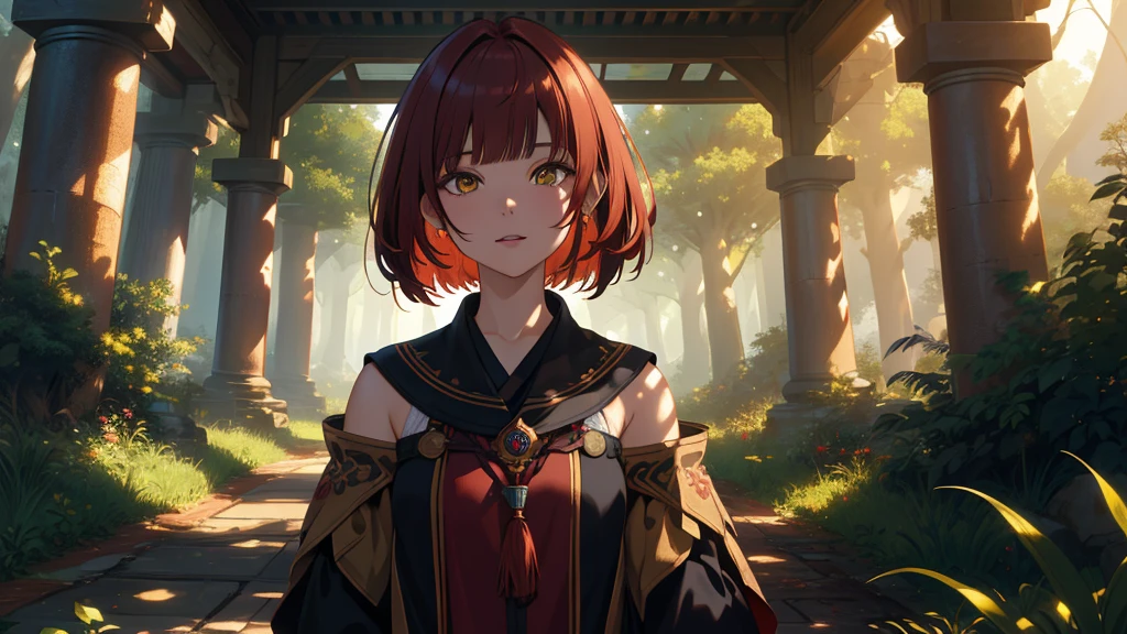  (Highly detailed CG Unity 4k wallpaper),(masterpiece),(Highest quality),(Super detailed),(Best illustrations),(Best Shadow),(Absurd),(Detailed Background), Set in a dark fantasy forest, Shoulder-length dark red hair (Bobcut), Amber Eyes, Priestess&#39;s Cloak, Neutral expression, close, Circlet,smile