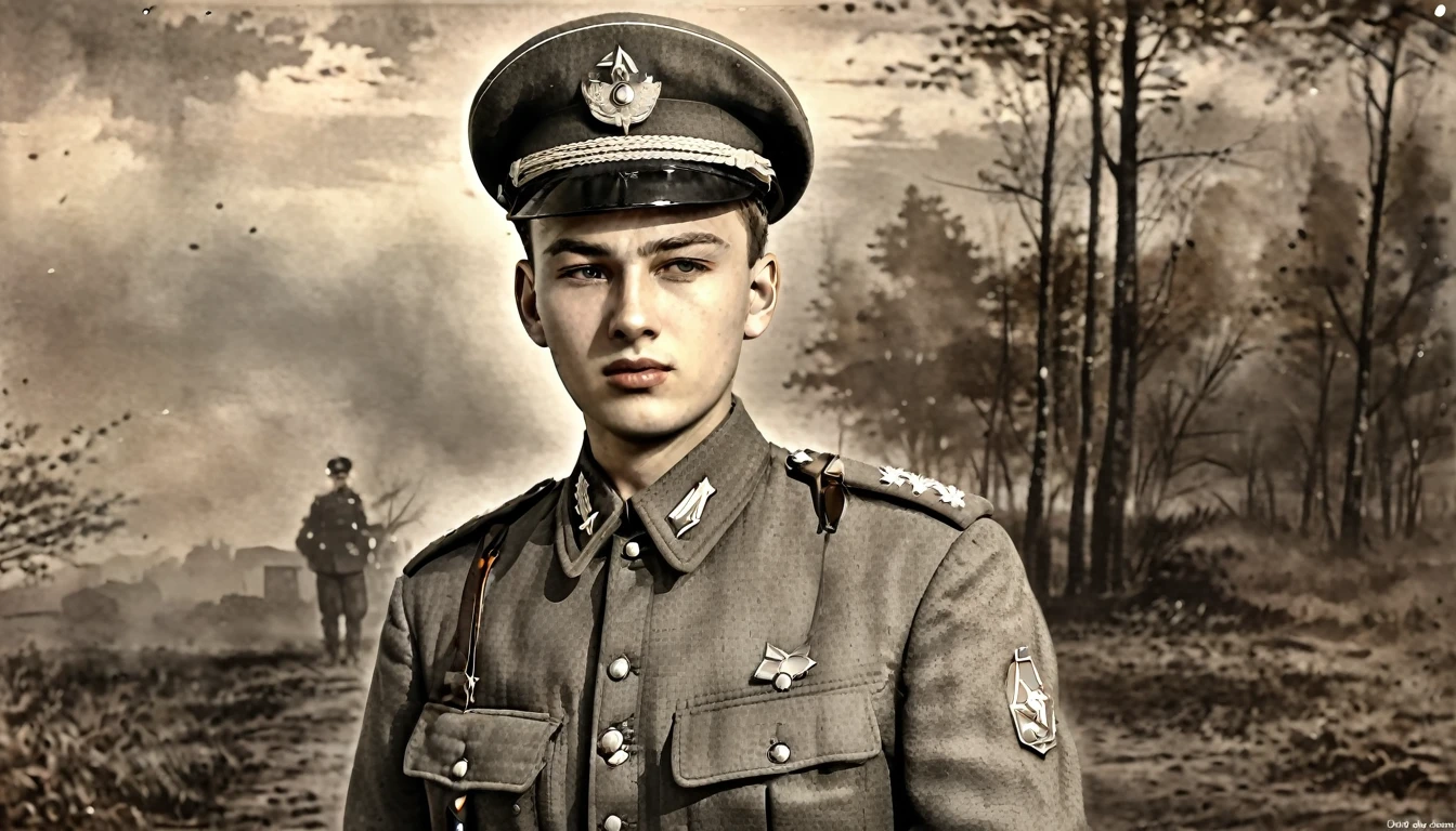 (best quality:1.3), (Best Performance:1.2), (best illustrations:1.2), (art film light:1.2)  (1 person), (Highly detailed), (มีHighly detailed), (very detailed), (realistic), (extra sharp), (8k), (1 person)  Year 1939, Young man aged 17-18 years, Wearing the uniform of an NKVD officer, Eastern European Slavs, Soviet Union, rank of lieutenant,