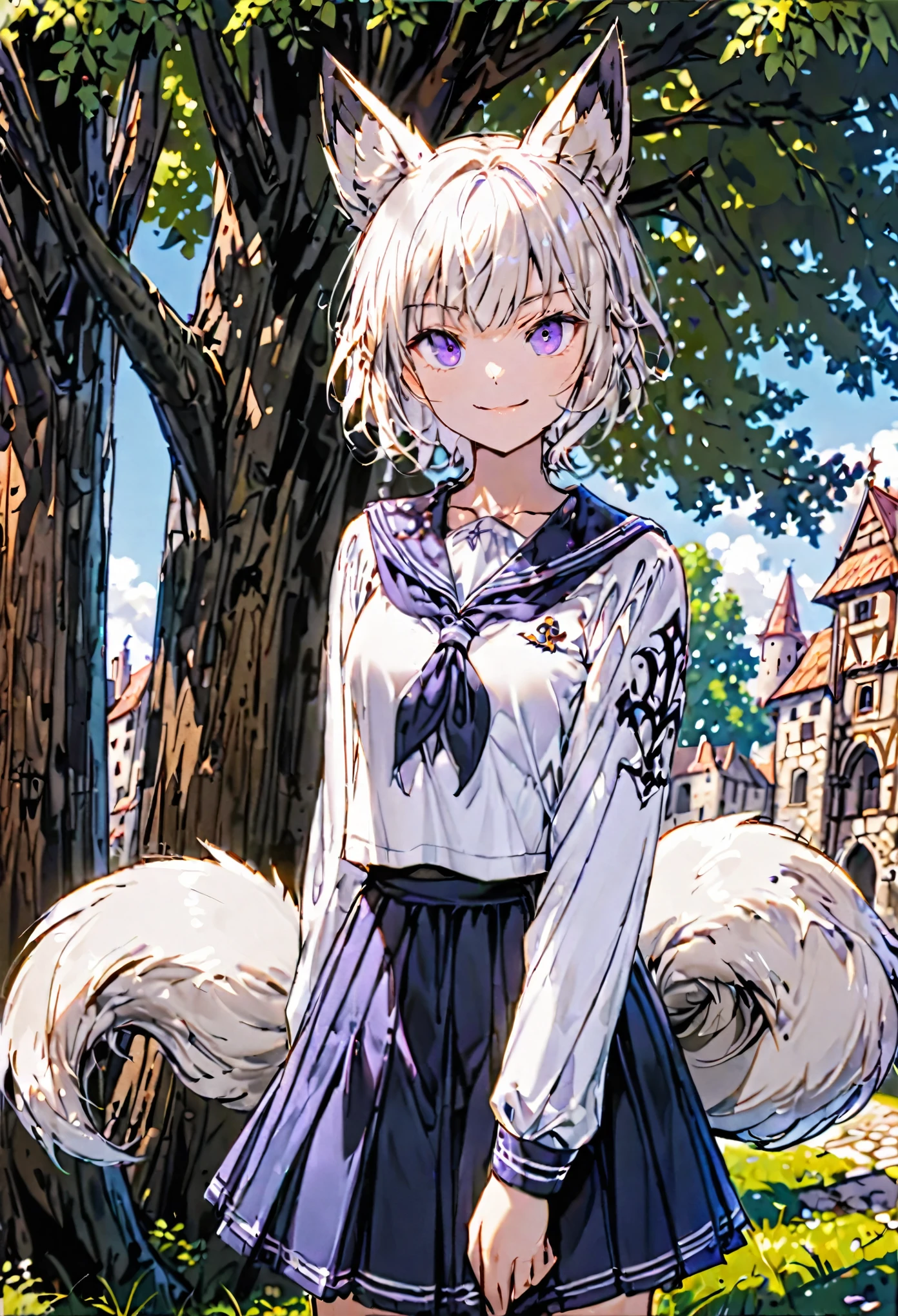 solo, female, serafuku, black undershirt, short hair, white hair, purple eyes, short blue skirt, tomboy, day, pose, beaming smile, fox ears, single fox tail, medieval, tree,
