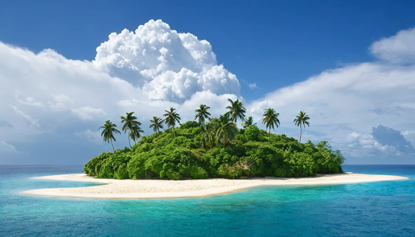 arafed island with palm trees and a sandy beach, tropical island, epic matte painting of an island, island in a blue sea, monsoon on tropical island, tropical location, island with cave, many islands, no humans, tree, cloud, sky, outdoors, scenery, day, palm tree, ocean, water, beach, blue sky, horizon, cloudy sky, nature, sand