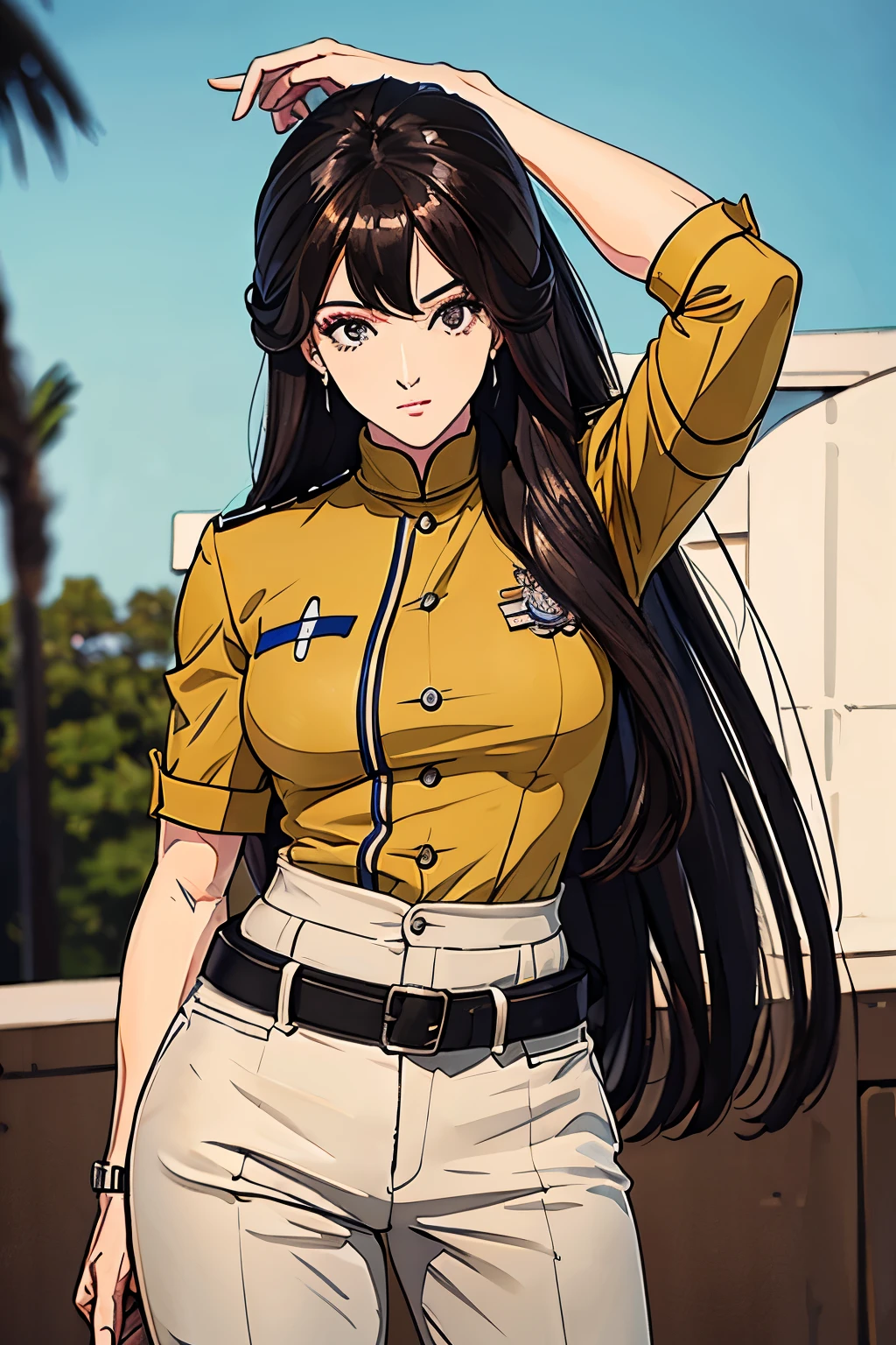 elegant adult brazilian woman anime character wearing a civil police uniform from 1900, dark brown skin, long straight black hair, detailed skin, detailed eyes, amber eyes, 8k, beautiful shading, beautiful features, detailed background, good anatomy, muscular fighter, lots of muscles, defined body, tied back hair, strong body, fitness model, muscles, fit woman, strong abdomen, feminine and muscular, with abdomen, [ rigidly defined abdomen ]!!, physical aptitude, athletic and strong, [ clearly defined abdomen ]!!