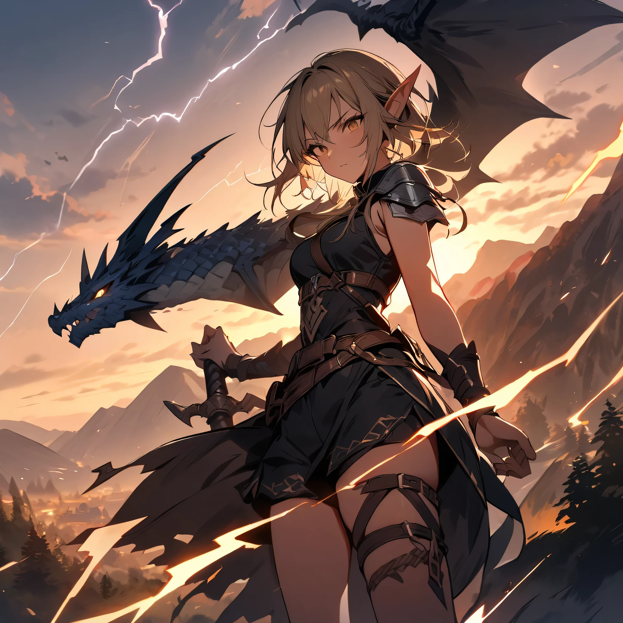 Masterpiece, best quality, 1girl, elf warrior, roding a dragon, flying in the sky, mountains, castle, lightning and thunder, cowboy shot, golden hour