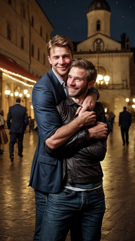 2 handsome men hugging each other lovingly in town square,in night, cinematic lighting, masterpiece, detailed face, smiling 