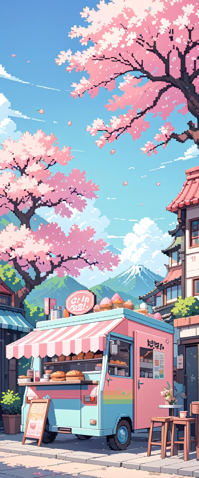  cherry blossom trees in front of a food truck, in the cartoon style, with an anime aesthetic, in the lofi pixel art style, on a white background, with a blue sky, pink flowers, a korean street view, in the style of Studio Ghibli, using pastel colors, as a digital painting, like a poster, similar to a kpop album cover artwork, with high resolution, being ultra detailed, with high contrast, featuring vibrant color, resembling professional photography, in the kpop style, depicting korea culture
