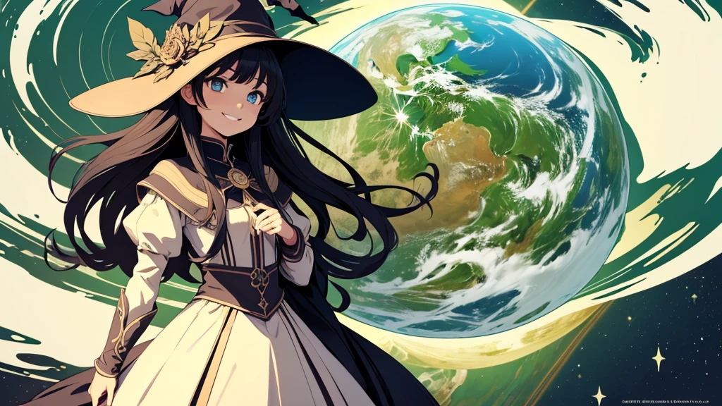 (masterpiece, Highest quality),((Flat Color)), 1 girl , witch girl, pixiv style, Beautiful eyes in every detail, smile , Earth Colors, Dynamic pose, earth element, Gaia, magic soil,smile