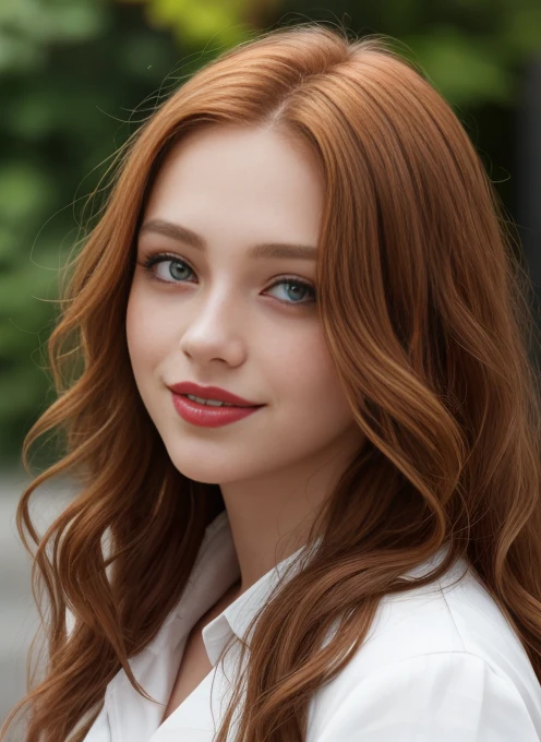 masterpiece, realistic, detailed eyes, beautiful, looking at the viewer, natural lighting, depth of field, film grain, wrinkled skin, 24yo, female, solo, wavy long red viola hair, yellow brown eyes, brown skin, red lips, formal white shirt with black jackets , freckles, smile, lips, upper body, Portrait, Close-up, Front view, Exterior