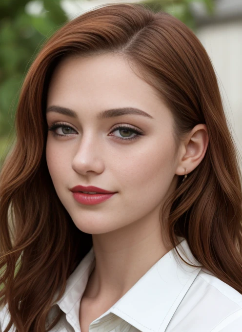 masterpiece, realistic, detailed eyes, beautiful, looking at the viewer, natural lighting, depth of field, film grain, wrinkled skin, 24yo, female, solo, wavy long red viola hair, yellow brown eyes, brown skin, red lips, formal white shirt with black jackets , freckles, smile, lips, upper body, Portrait, Close-up, Front view, Exterior