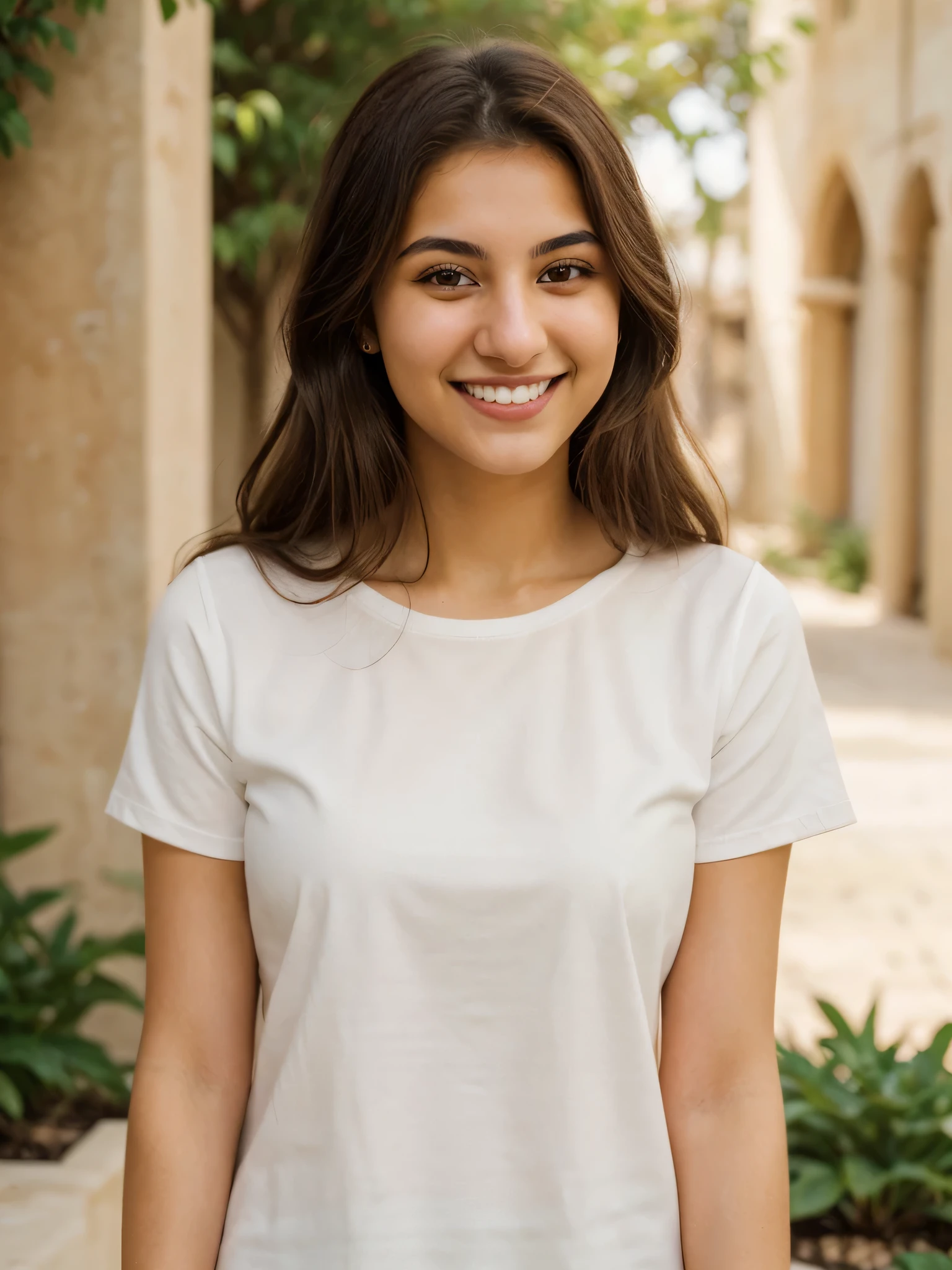 20YO, one women, cute smile, white teethes, white Jordanian, long burnt orange shirt, light brown eyes, small nose