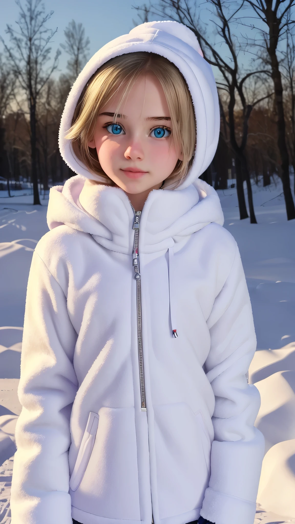 ((RAW photo, masterpiece, 16k, high detail, realistic, absurdres, uhd, wallpaper, best quality)), 1 girl, playful, winter outfit, snowy, super cute, , Russian, age 12, sexy, perfect eyes, blue eyes, no makeup, blonde hair, hood, flat chest, slim, athletic, small butt, standing, background winter olympic games
 