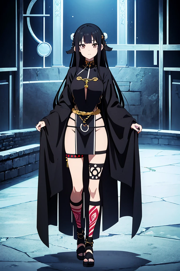 Anime girl , manga page ,trible girl, long black hair, trible outfit, tattoos, errings, looking for treasure, whole body, black and white color