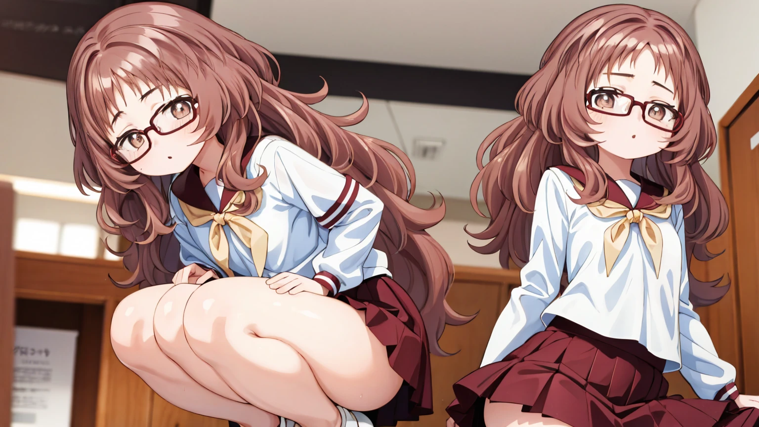 Aimi、1 Girl、Wavy Hair、Glasses、Small breasts、He is short、、High resolution、Highest quality、Detailed face、Fine grain、White panties、Squat、Look at this、skirt